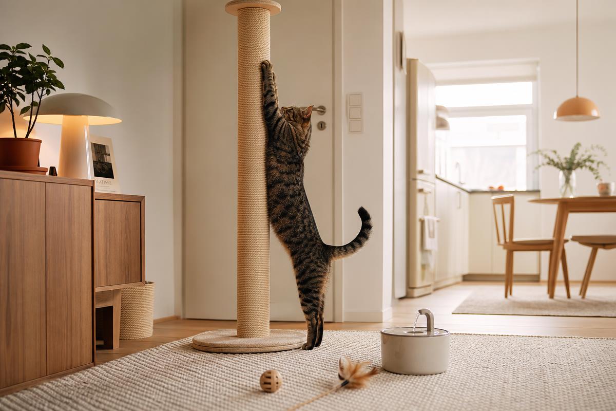 Katze an einem Kratzbaum mit Trinkbrunnen und Spielzeug