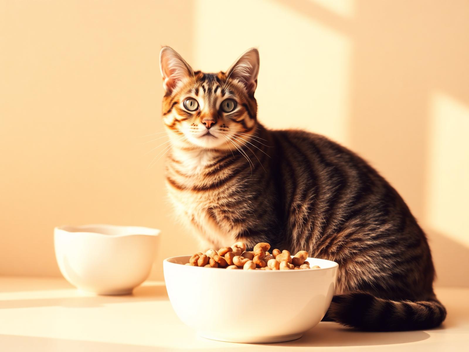 Tabby-Katze neben einem Napf mit gesundem Futter